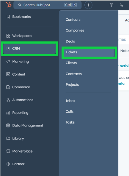 Showing sidebar options CRM and Tickets