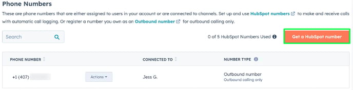 Into Calling section press button Get a HubSpot number