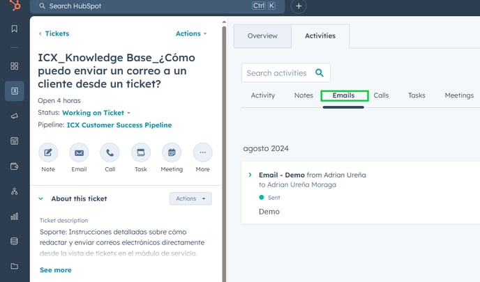 Email section inside Ticket track actions