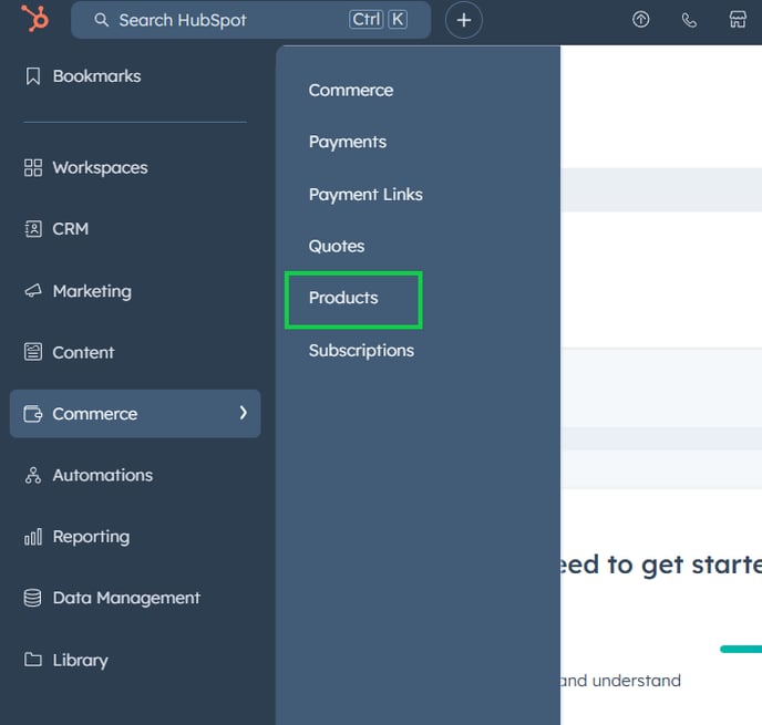 Screenshot of HubSpot’s navigation bar with the 'Commerce' tab open