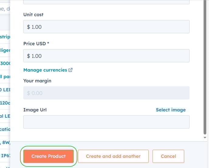 Screenshot of HubSpot's product creation form with fields