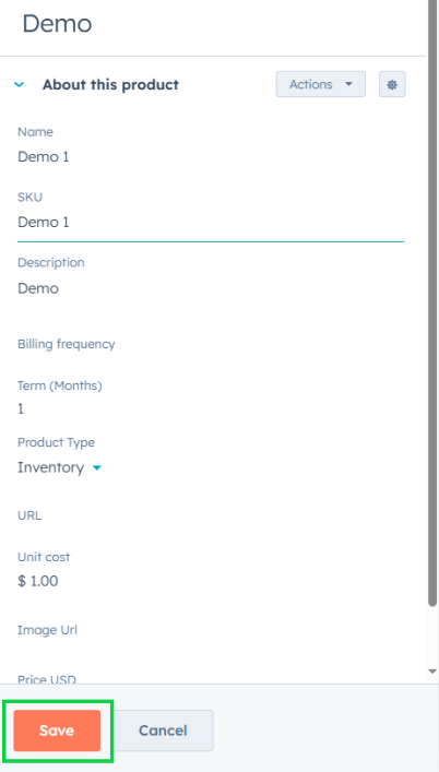 Screenshot of HubSpot product editing view
