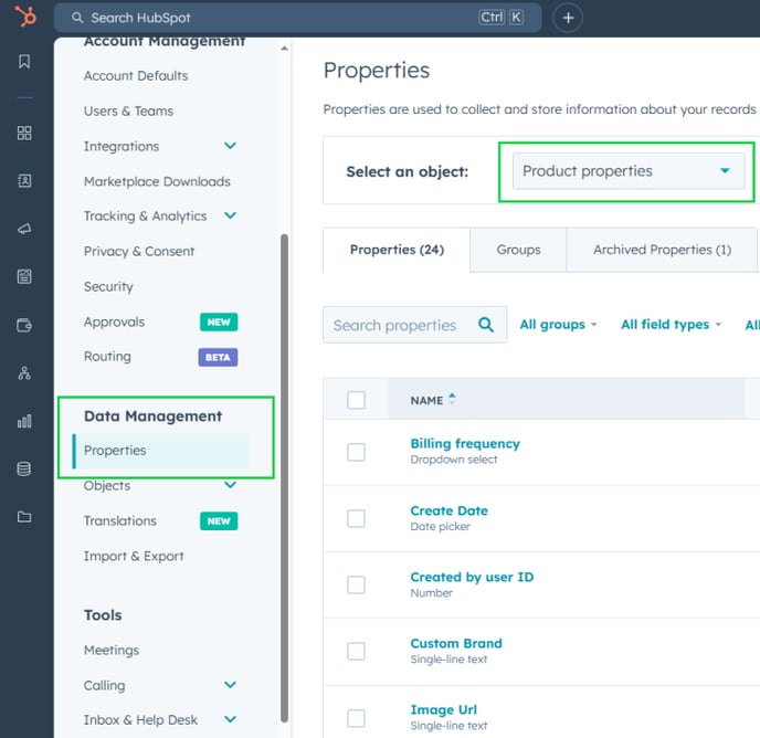 Screenshot of HubSpot’s Data Management