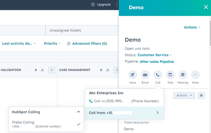 call in sidebar ticket