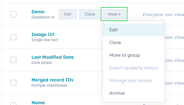 Screenshot showing how to edit an existing dropdown property in HubSpot