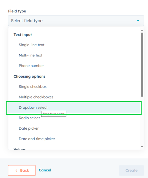 Screenshot of HubSpot's dropdown field type selection
