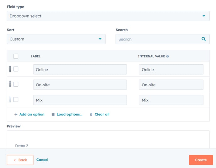 Screenshot of HubSpot's dropdown field creation